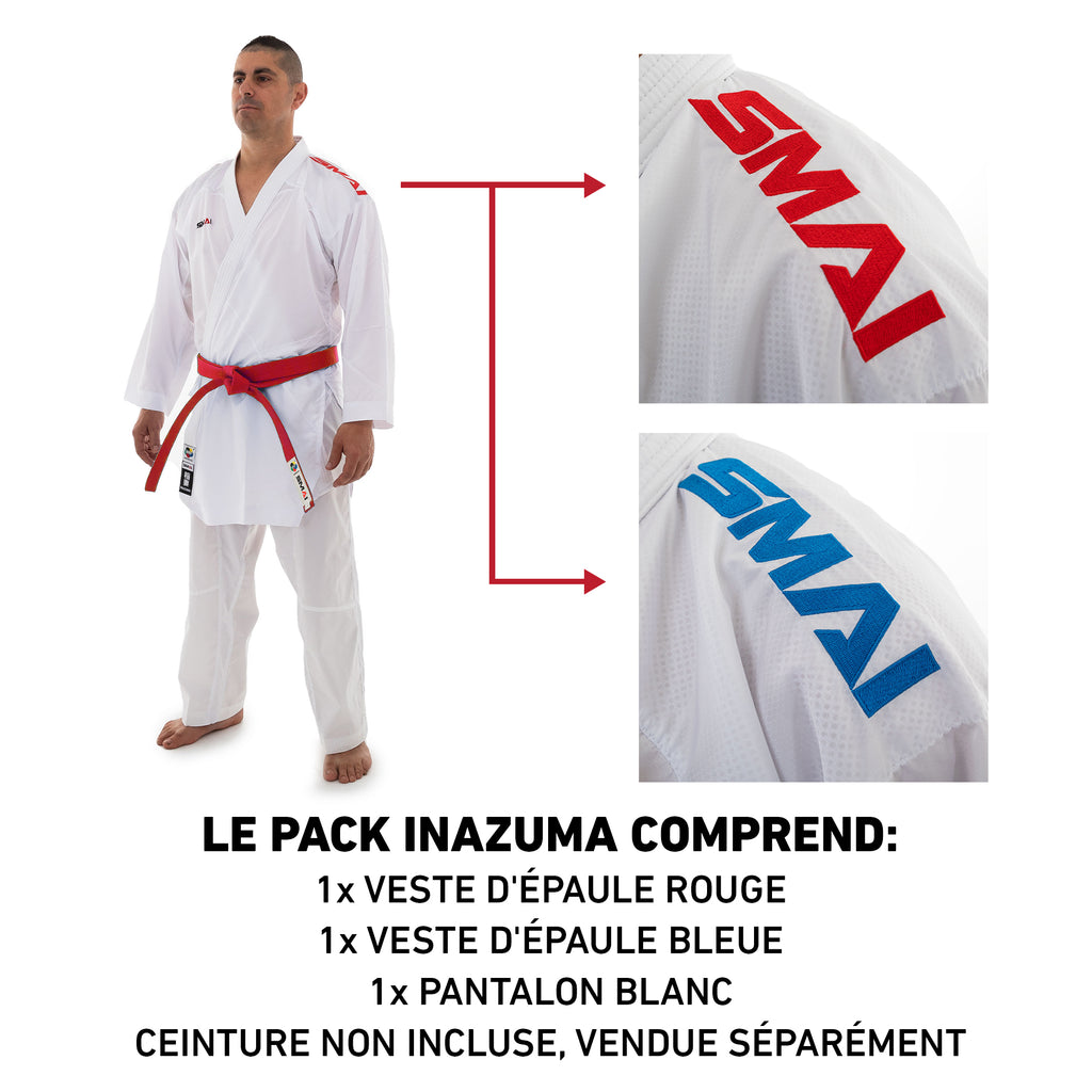 KIMONO DE KARATÉ Approuvé WKF PACK INAZUMA 6OZ ROUGE VESTE BLEUE